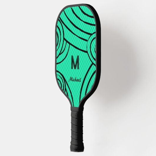 NeonLine 1 Blauw-Groen Bewerkbare Naam & Initialen Pickleball Paddle (Links)