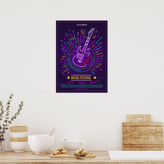 Neonmuziek achtergrond met elektrisch gitaar Poste Poster (Keuken)