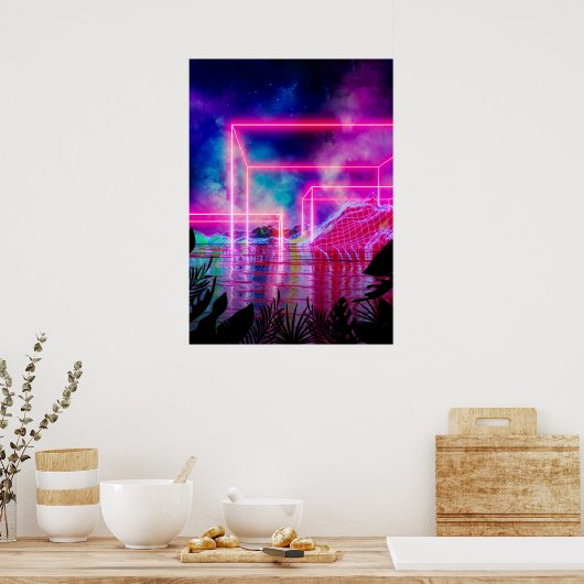 Neonpalmlandschap: Cube Poster (Keuken)