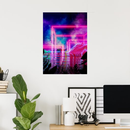 Neonpalmlandschap: Cube Poster (Thuiskantoor)