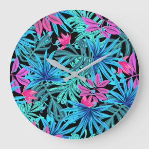 Neonroze en blauwe tropische plantenpatroon grote klok