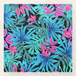 Neonroze en blauwe tropische plantenprint glazen onderzetter