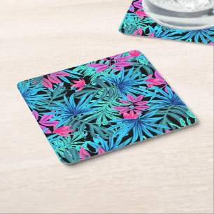 Neonroze en blauwe tropische plantenprint kartonnen onderzetters