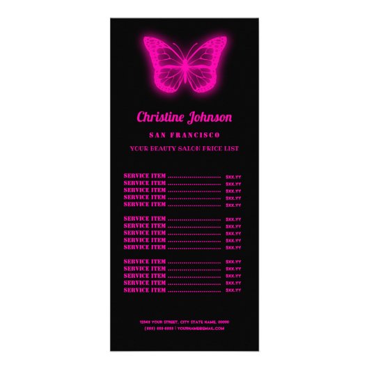 neonroze vlinder logo prijslijst reclamekaart (Voorkant)