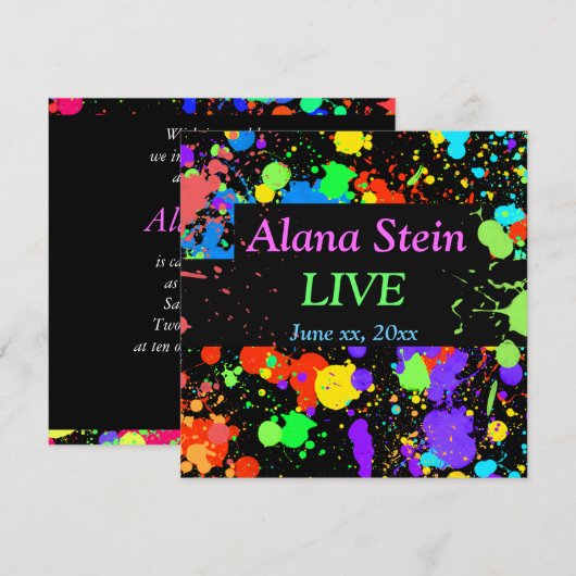 Neonverfspatten, Bar / Bat Mitswa Invitatie Kaart (Voorkant / Achterkant)