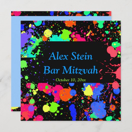 Neonverfspatten, Bar / Bat Mitzvah uitnodiging (Voorkant / Achterkant)