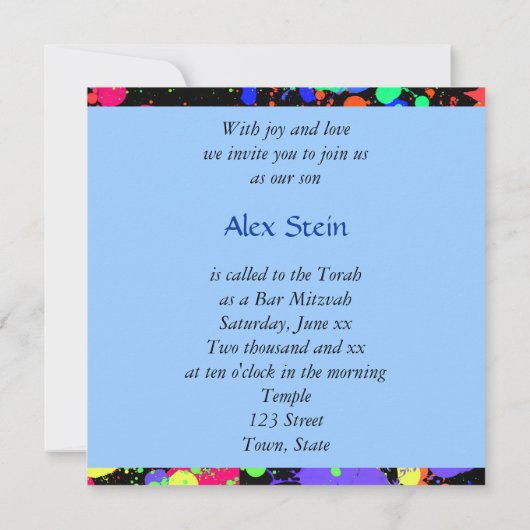 Neonverfspatten, Bar / Bat Mitzvah uitnodiging (Achterkant)