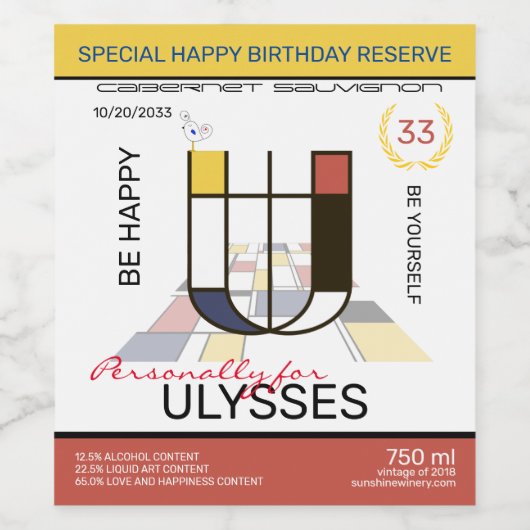 Neoplasticisme Abstracte Art Monogram. Brief U Wijn Etiket (Enkel label)