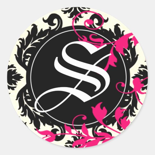 Neopolitan Damask Monogram "S" zwart/wit/fuschia Ronde Sticker (Voorkant)