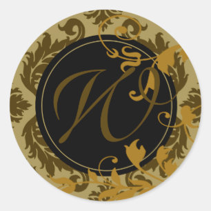 Neopolitan Damask Monogram "W" (selderij/mosterd) Ronde Sticker
