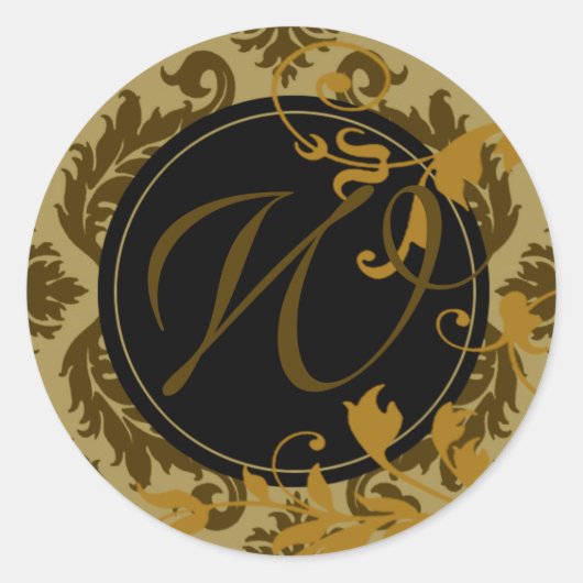 Neopolitan Damask Monogram "W" (selderij/mosterd) Ronde Sticker (Voorkant)