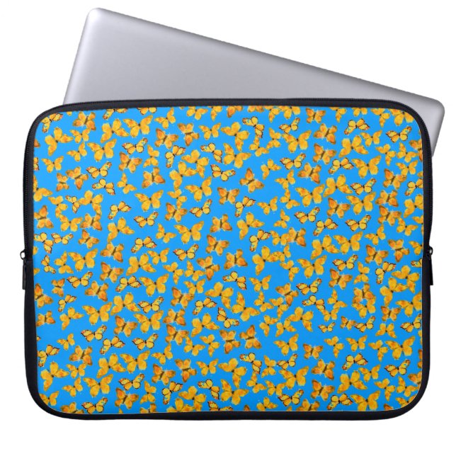 Neopreen laptophoes, gouden vlinders op blauw laptop sleeve (Voorkant)