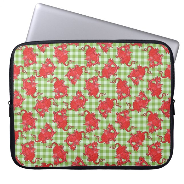 Neopreen laptophoes: Red Dragons, Green Gingham Laptop Sleeve (Voorkant)