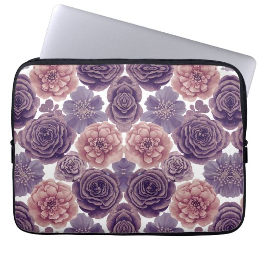 Neopreen Lavendel Glitter Flowers Laptop Hoesje Laptop Sleeve (Voorkant)
