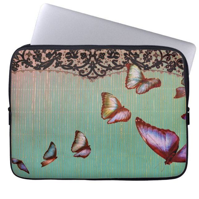 NEOPRENE LAPTOP SLAEEVE STRIPES GROENE BUTTERFLIES LAPTOP SLEEVE (Voorkant)