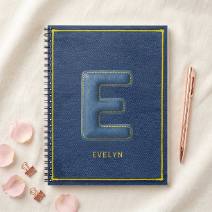Nep Blauwe Denim 3D Geplooide Letter E Monogram Na Notitieboek