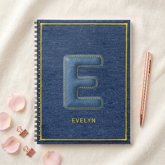Nep Blauwe Denim 3D Geplooide Letter E Monogram Na Notitieboek