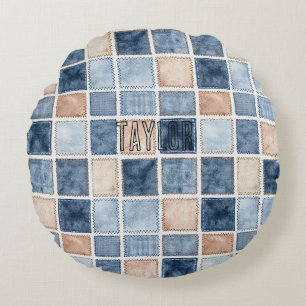 Nep Blauwe Glitter Crème Denim Rond Kussen
