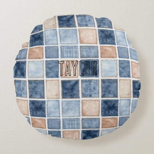 Nep Blauwe Glitter Crème Denim Rond Kussen (Voorkant)