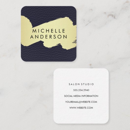 Nep Blauwe Leer / Goud Geborsteld Vierkante Visitekaartje (Voorkant / Achterkant)