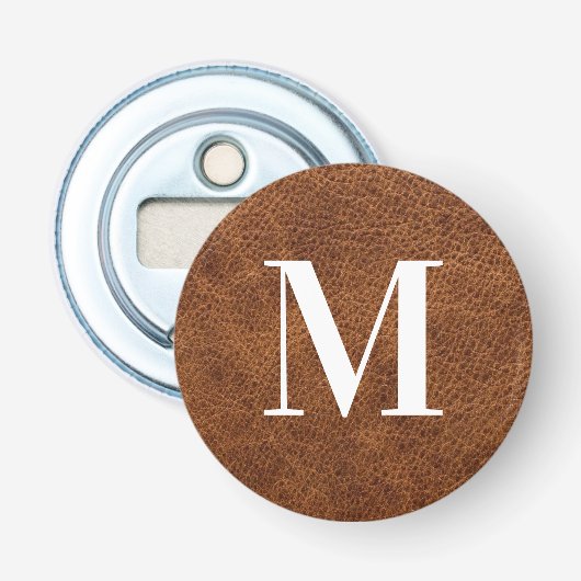Nep bruin leer modern monogram button flesopener (Voorkant)