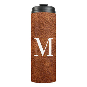 Nep bruin leer modern monogram thermosbeker