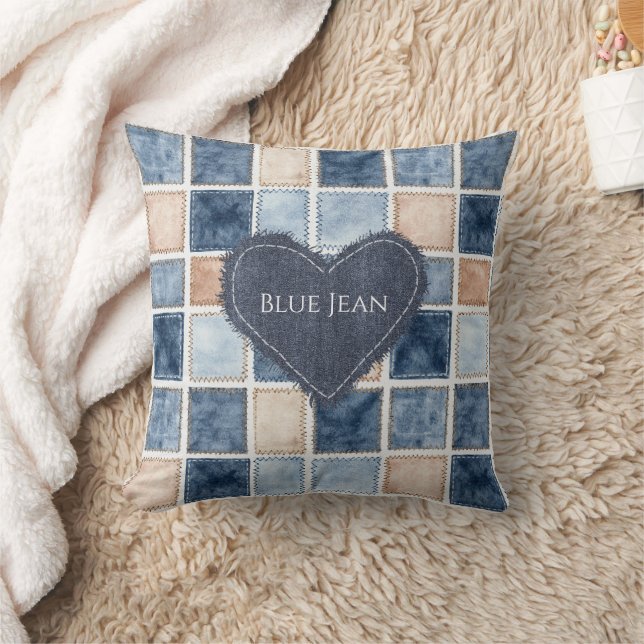 Nep Crème Denim Blauwe Jean Hart Kussen (Deken)