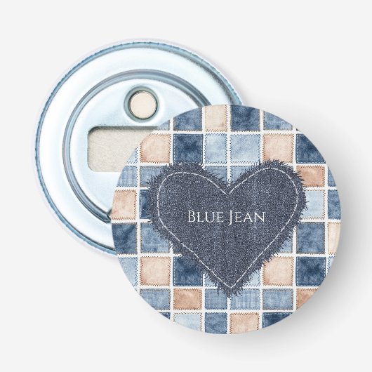 Nep Crème Denim Blauwe Spijkerhart Button Flesopener (Voorkant)