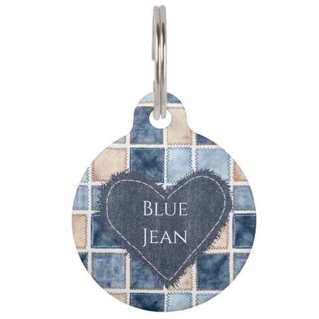 Nep Crème Denim Blauwe Spijkerhart Huisdierpenning (Voorkant)