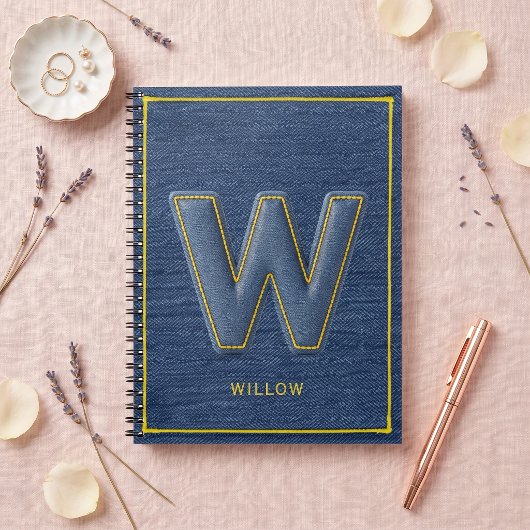 Nep Denim Gele Gestikte Monogram Letter W Notitieboek