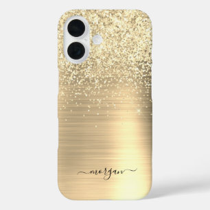Nep geborsteld goud metaal, Glitter, Script naam iPhone 16 Hoesje
