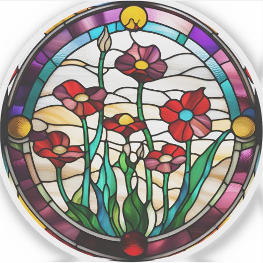Nep Gebrandschilderd Rond Bloementuin Sticker (Voorkant)