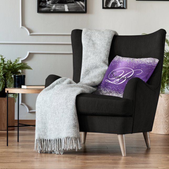 Nep glanzend zilver glitter amethyst folie monogra kussen (Silver Glitter Purple Faux Foil Monogram Throw Pillow)