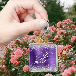 Nep glanzend zilver glitter amethyst folie monogra sleutelhanger