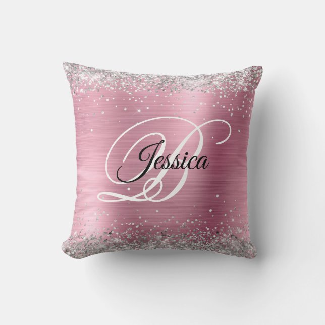 Nep glanzend zilver glitter en roze folie monogram kussen (Voorkant)