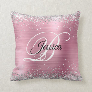 Nep glanzend zilver glitter en roze folie monogram kussen