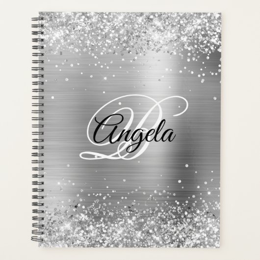Nep Glanzend Zilver Glitter Geborsteld Metaal Mono Planner (Voorkant)