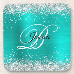 Nep Glanzend Zilver Glitter Turquoise Folie Monogr Bier Onderzetter