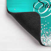 Nep glanzend zilver glitter turquoise folie monogr muismat (Hoek)