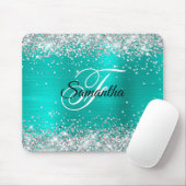 Nep glanzend zilver glitter turquoise folie monogr muismat (Met muis)