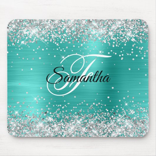 Nep glanzend zilver glitter turquoise folie monogr muismat (Voorkant)