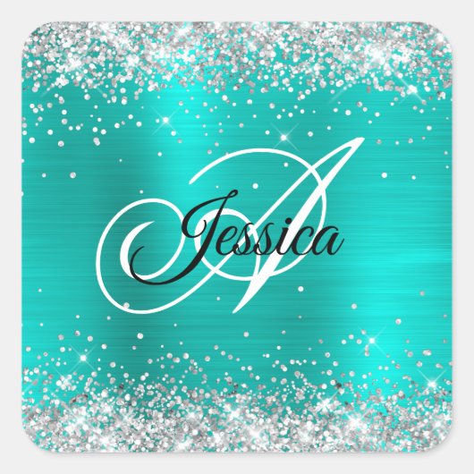 Nep glanzend zilver glitter turquoise folie monogr vierkante sticker (Voorkant)