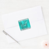 Nep glanzend zilver glitter turquoise folie monogr vierkante sticker (Envelop)
