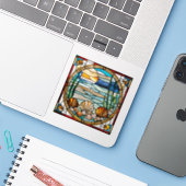 Nep glas-in-lood dolfijn sticker (Laptop met iPhone)