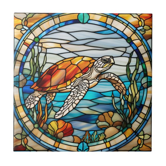 Nep Glass-in-lood Zee Schildpad Tegeltje (Voorkant)