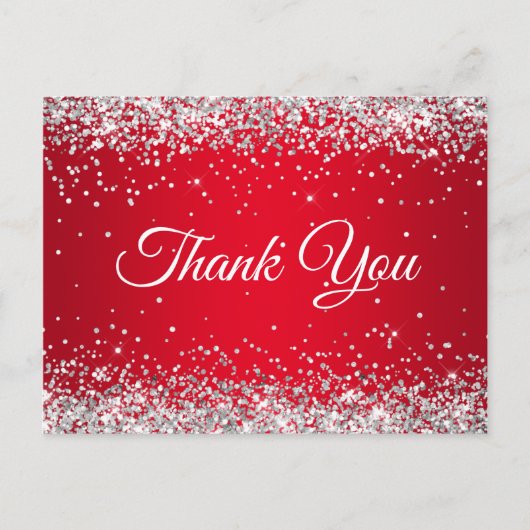 Nep glinsterend zilver glitter felrood bedankt briefkaart (Voorkant)