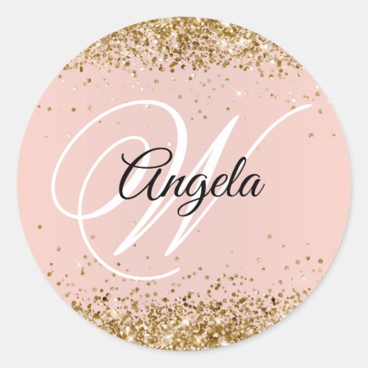 Nep Glitter Goud Glitter Blush Monogram Ronde Sticker (Voorkant)