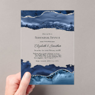 Nep Glitter Navy & Zilveren Agaat Proefdiner Dinne Acryl Uitnodigingen