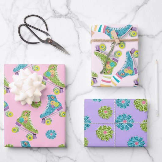 Nep glitter Roller Skating bloemen Feest Inpakpapier Vel (Voorkant)