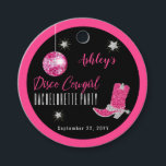 Nep Glitter Roze Disco Cowgirl Bachelorette Feest Bedankjes Labels<br><div class="desc">Zet je feestje in gang in retro 70's stijl met dit neproze en zilver glitter en roze disco spiegelbal "Disco Cowgirl Bachelorette" feestdesign.  Samengesteld design door Holiday Hearts Designs (alle rechten voorbehouden).</div>
